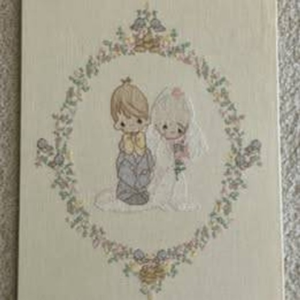 Vintage Precious Moments Wedding Handmade Needlepoint Wall Hanging 14" x 18"